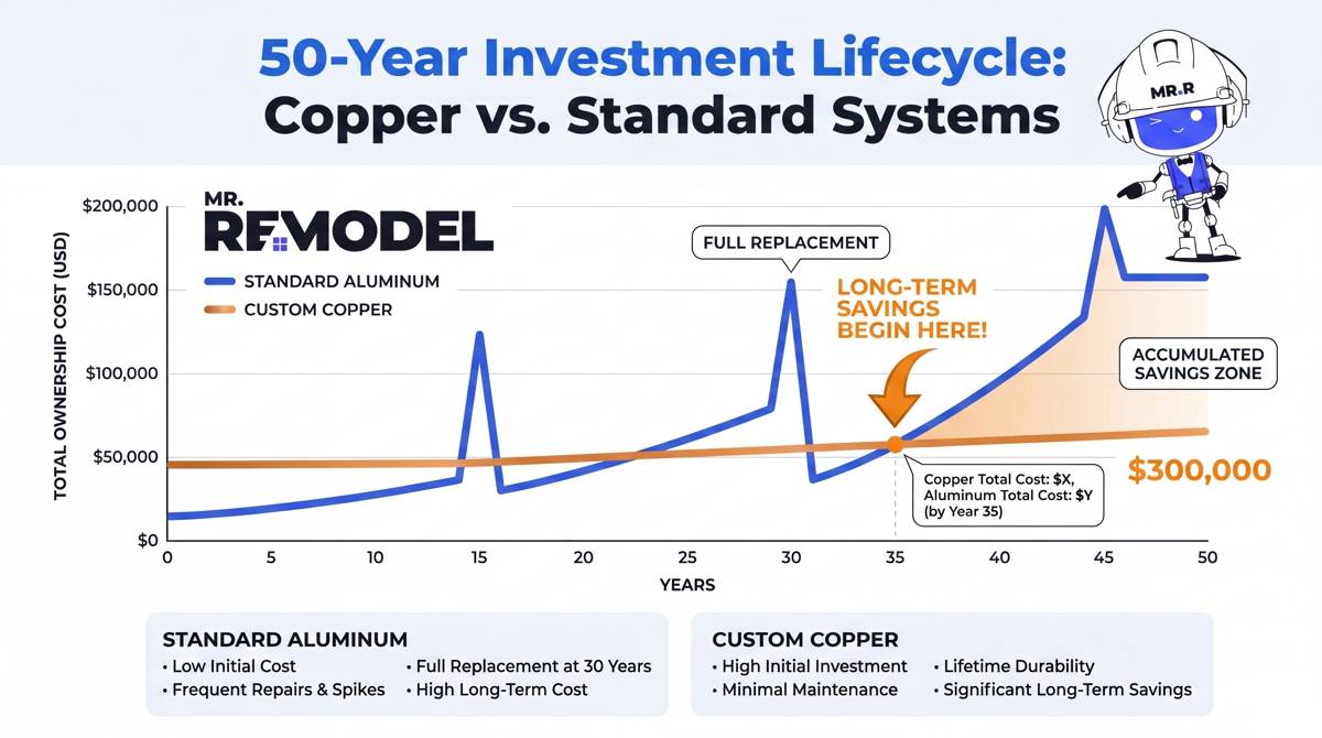 A visual financial chart, not just a price table. It charts the total cost of ownership over 50 years. A line for Aluminum starts low but shows spikes (leaks/repairs) every 15-20 years and requires full replacement at year 30. The Copper line is a high upfront straight line that stays virtually horizontal with minimal maintenance. By year 35, the Copper line is lower, illustrating how permanence saves money.